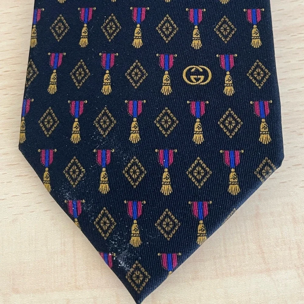 Gucci Black Silk Tie Gold Tassels,Fuschia Pink and blue Pattern Vintage BNWOT